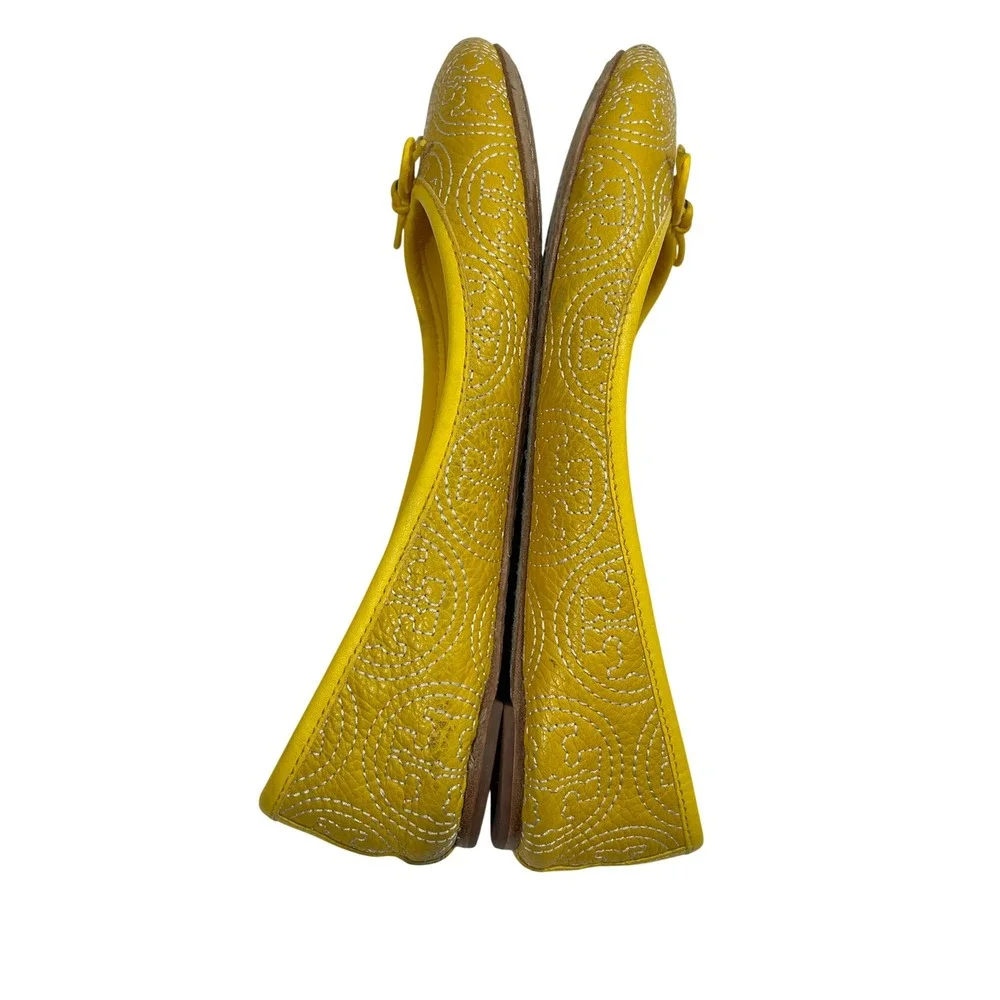 Tory‎ Burch Chelsea Stitched Ballet Flats Yellow Stitched Logo Leather 6.5M